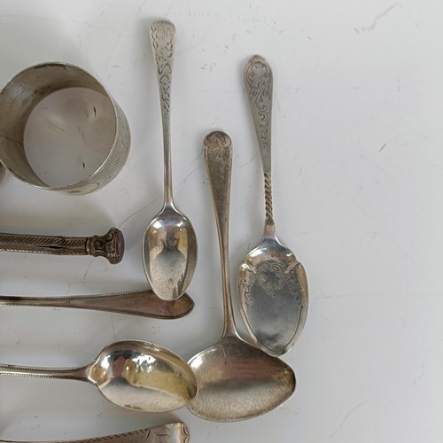 147 - Assorted silver spoons, napkin ring, and a pencil inset with a purple stone, 6.1 ozt, (all in)