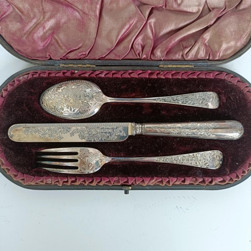 153 - Victorian silver fork, spoon and knife, London 1890, 2.8 ozt (all in), and a set of silver plated sp... 