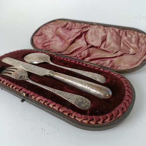 153 - Victorian silver fork, spoon and knife, London 1890, 2.8 ozt (all in), and a set of silver plated sp... 