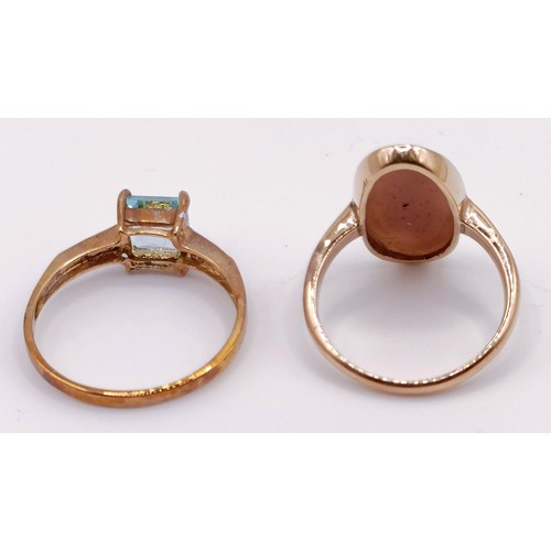 302 - A 9ct gold and cameo ring, ring size K, and a 10ct gold, white and blue stone ring, ring size P (2)...