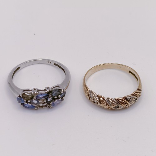 313 - A 9ct gold and diamond chip ring, ring size L, and a 9ct white gold, blue and white stone ring, ring... 