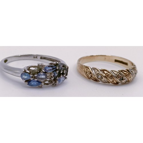 313 - A 9ct gold and diamond chip ring, ring size L, and a 9ct white gold, blue and white stone ring, ring... 