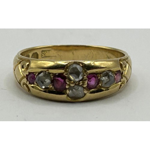 353 - An early 20th century 18ct gold, ruby and diamond gypsy set ring, ring size L, in a vintage ring  bo... 