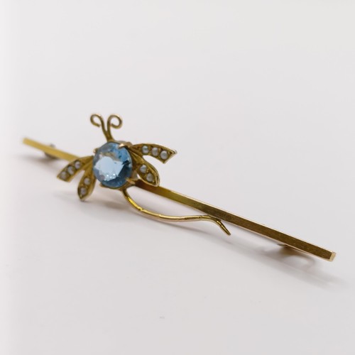 355 - A gold and blue stone bar brooch