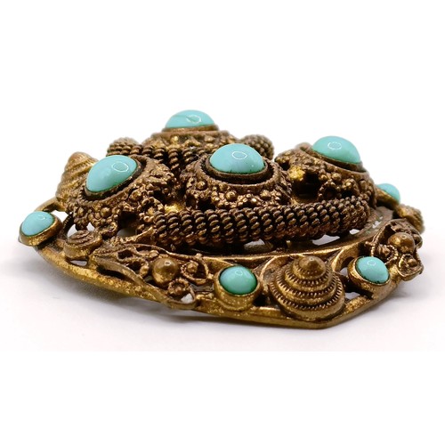 381 - A yellow metal, red and white stone gypsy set ring, a gilt metal and turquoise brooch, and a vintage... 