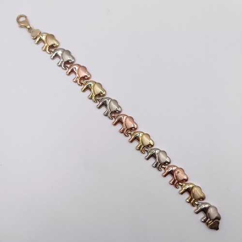 385 - A 10ct multi-coloured gold bracelet, in the form of an elephant train, 8.4 g