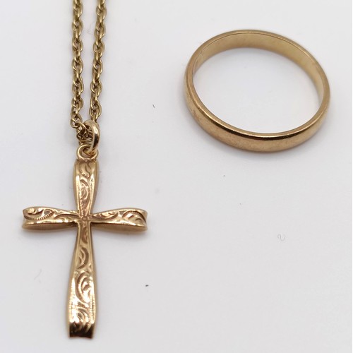 414 - A 9ct gold wedding band, ring size N, and a 9ct gold cross pendant on a chain, 7 g (2)