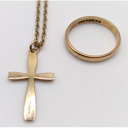 414 - A 9ct gold wedding band, ring size N, and a 9ct gold cross pendant on a chain, 7 g (2)