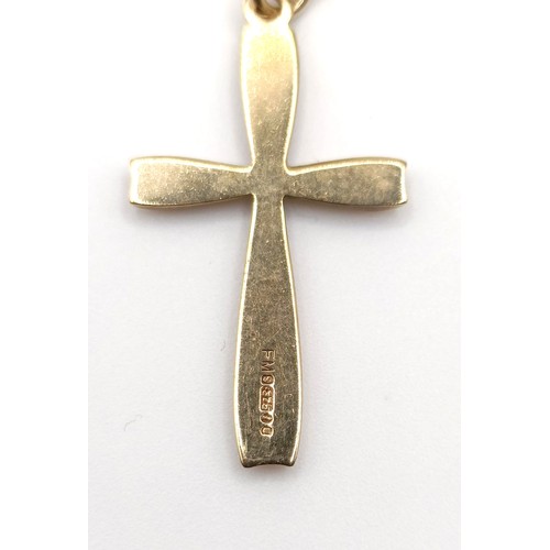 414 - A 9ct gold wedding band, ring size N, and a 9ct gold cross pendant on a chain, 7 g (2)