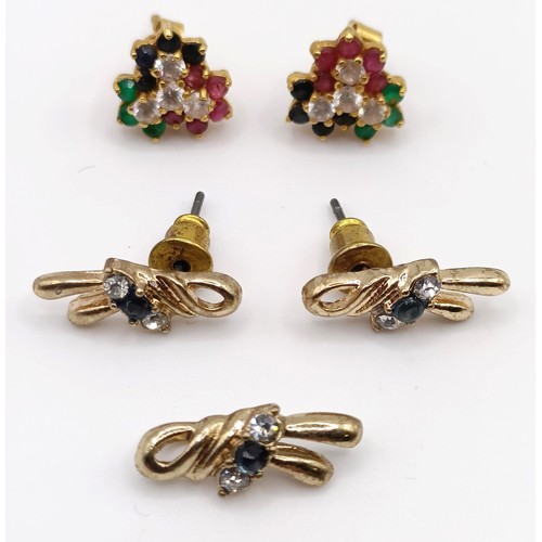 433 - A pair of multi-coloured stone stud earrings, and a pair of yellow coloured metal, blue and white st... 