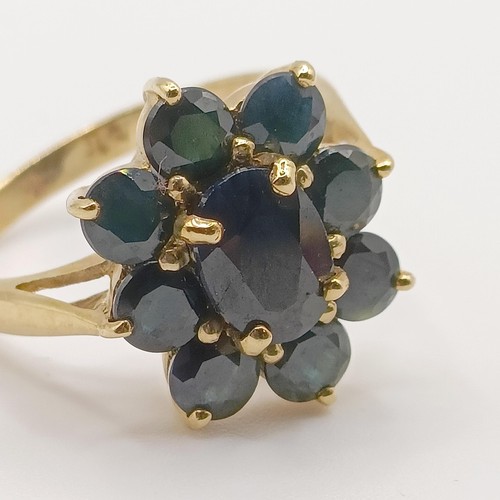 449 - A 9ct gold and blue stone cluster ring, ring size I, and a 9ct gold and pink stone ring, ring size R... 