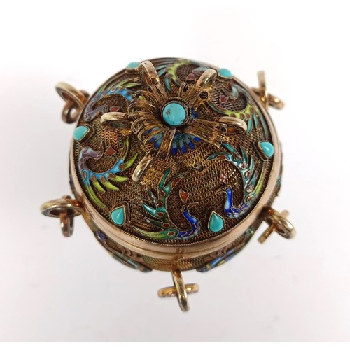 155 - A gilt metal and enamel spice box, decorated birds, 10 cm wide