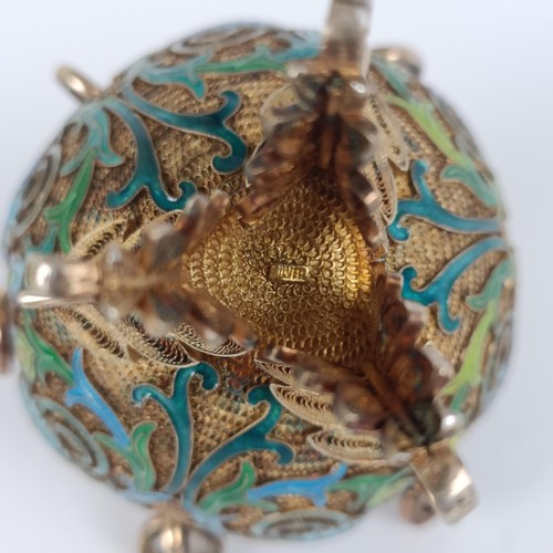 155 - A gilt metal and enamel spice box, decorated birds, 10 cm wide