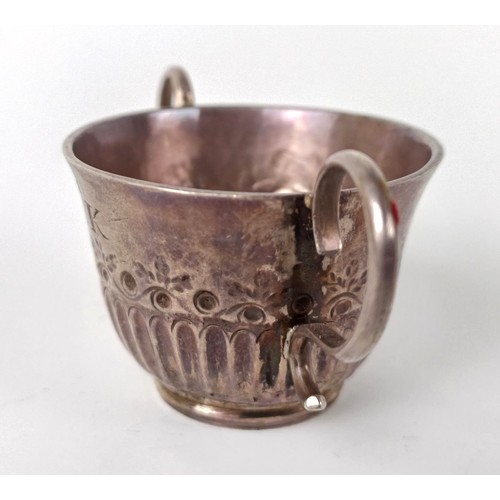 72 - An 18th century silver toy porringer, initialed, with embossed and fluted decoration, makers mark on... 