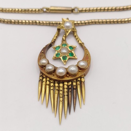 366 - A 15ct gold, emerald and seed pearl tassel pendant, on a chain