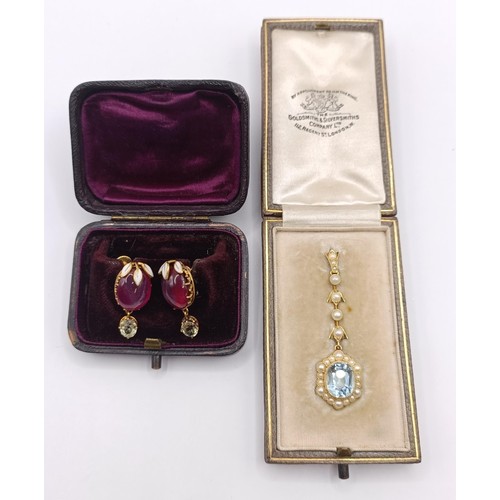 376 - A pale blue and pearl pendant, in a vintage jewellery box, and a pair of red stone earrings, in a vi... 