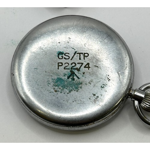 589 - An MOD issue Jaeger-Le Coultre open face pocket watch, in a chrome case, the back GS/TP P2274 above ... 