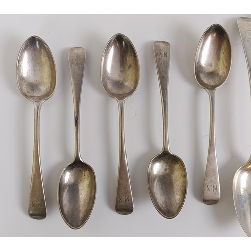 159 - A set of four Victorian silver Old English pattern dessertspoons, five teaspoons and a dessert fork,... 