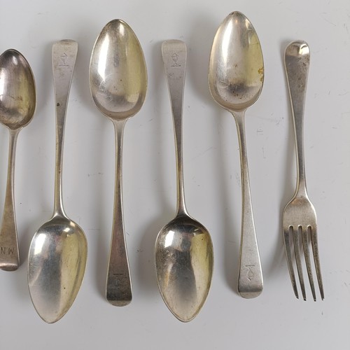 159 - A set of four Victorian silver Old English pattern dessertspoons, five teaspoons and a dessert fork,... 