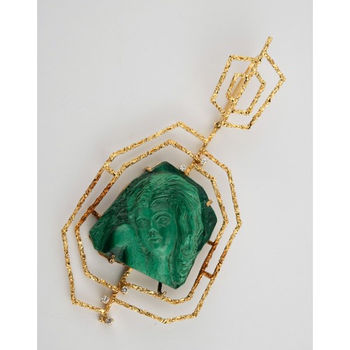 399 - An 18ct gold, diamond and malachite cameo pendant, carved a portrait