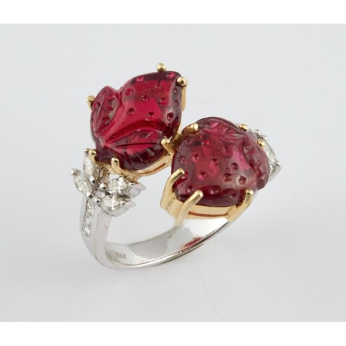 421 - A French diamond and carved red stone ring, ring size O