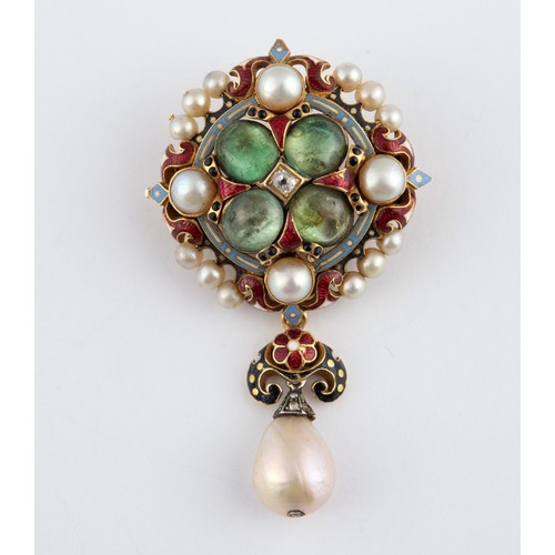 432 - A natural pearl, cabochon cut green stone and enamel Holbeinesque brooch, with certificate