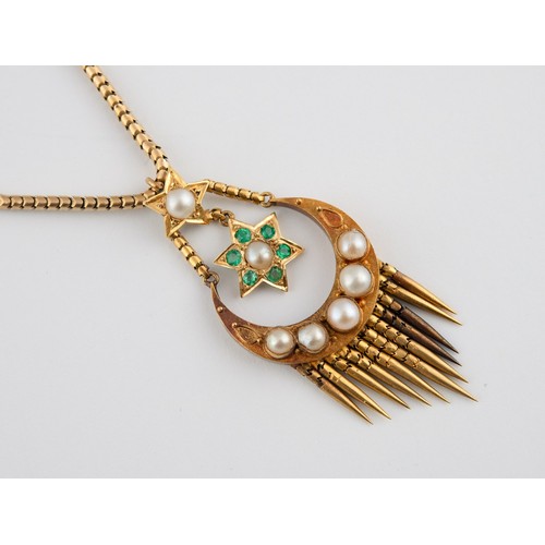 366 - A 15ct gold, emerald and seed pearl tassel pendant, on a chain