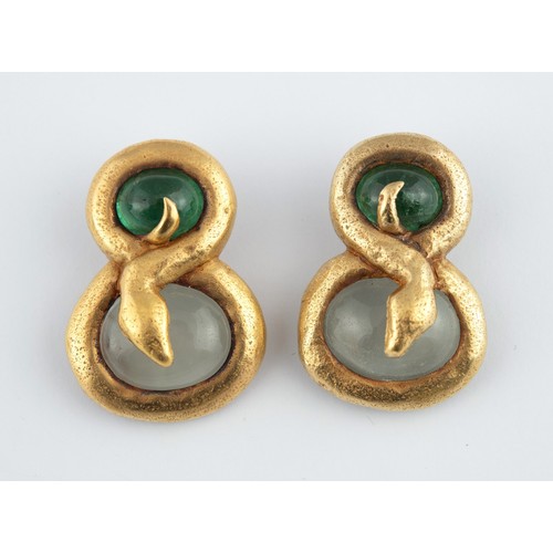 409 - A pair of 22ct gold and cabochon emerald and grey stone snake earrings