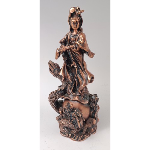 1012 - A Chinese pewter figure, 53 cm high, a bronzed figure, 30 cm and a wooden figure, 32 cm (3)