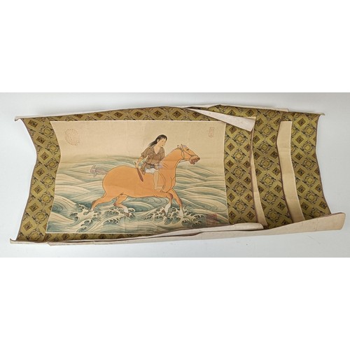 990 - A Chinese picture of a lady riding a horse, 51 cm wide, and two others similar (3)