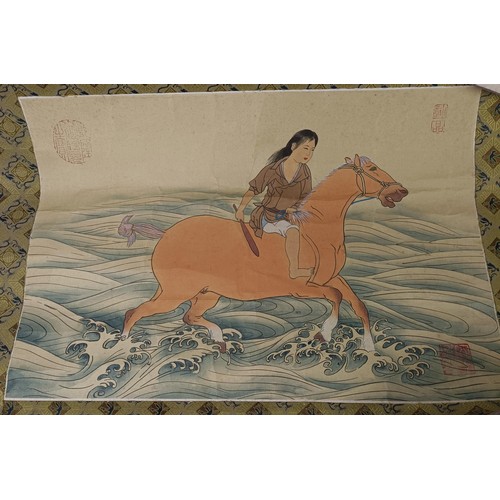 990 - A Chinese picture of a lady riding a horse, 51 cm wide, and two others similar (3)