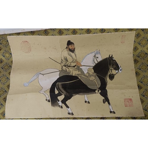 990 - A Chinese picture of a lady riding a horse, 51 cm wide, and two others similar (3)