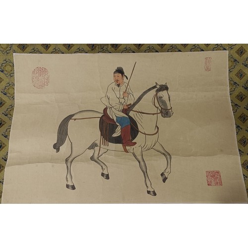 990 - A Chinese picture of a lady riding a horse, 51 cm wide, and two others similar (3)