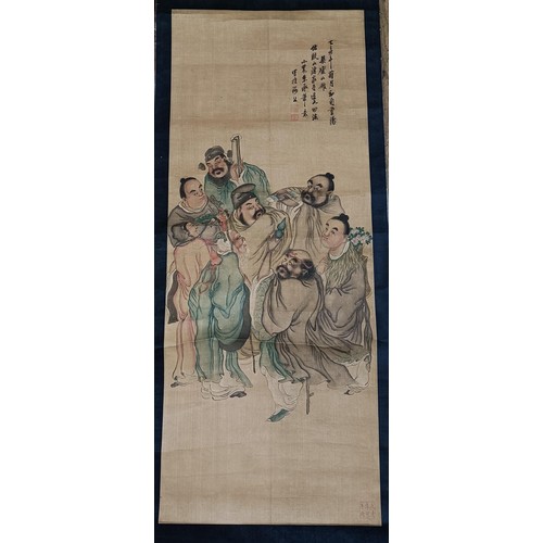 991 - A Chinese scroll picture decorated figures, with bone handles