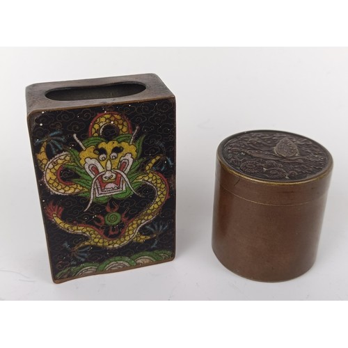 1004 - A Japanese bronze box, lid decorated birds, 3.5 cm, and a Chinese cloisonné matchbox holder, ...