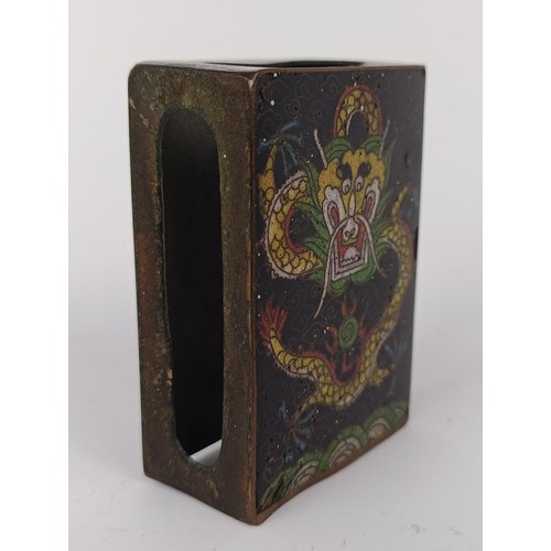 1004 - A Japanese bronze box, lid decorated birds, 3.5 cm, and a Chinese cloisonné matchbox holder, ... 