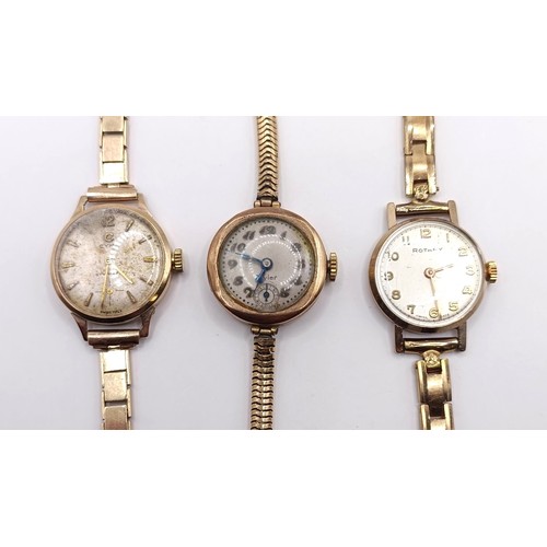 651 - A ladies 9ct gold wristwatch, on a gold plated strap, two other ladies wristwatches, and a vintage w... 