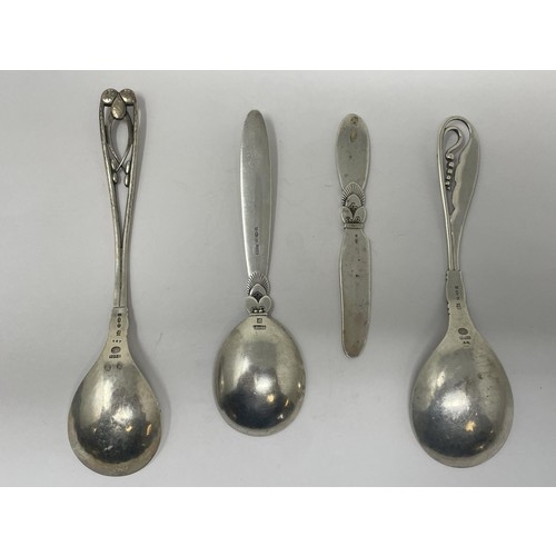 208 - A Georg Jensen spoon, and three other items of Georg Jensen cutlery, 130 g (4)