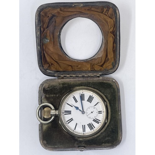 185 - A silver plated open face pocket watch, cased, with a silver mount