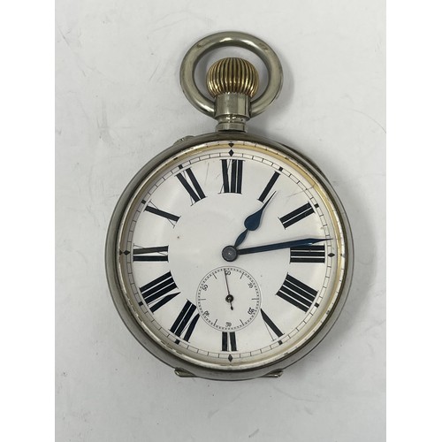 185 - A silver plated open face pocket watch, cased, with a silver mount