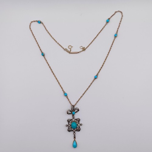 392 - A late 19th century/early 20th century diamond and turquoise pendant, on a yellow metal and turquois... 