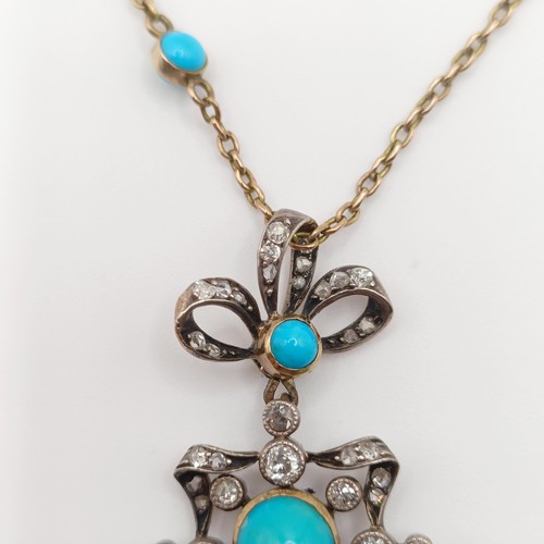 392 - A late 19th century/early 20th century diamond and turquoise pendant, on a yellow metal and turquois... 