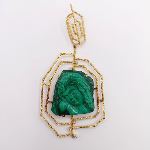 399 - An 18ct gold, diamond and malachite cameo pendant, carved a portrait