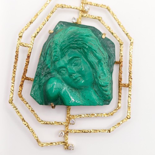 399 - An 18ct gold, diamond and malachite cameo pendant, carved a portrait