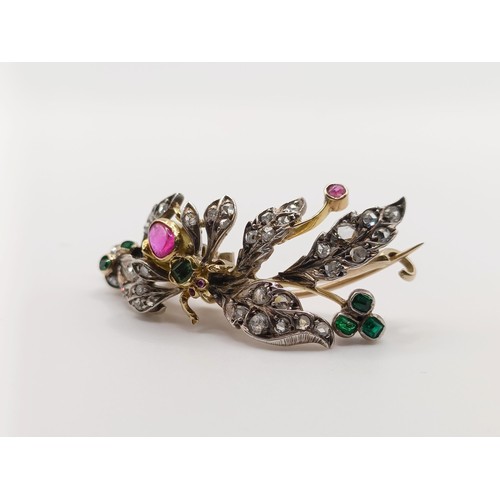 419 - A diamond and multi-coloured gem floral brooch, decorated an insect