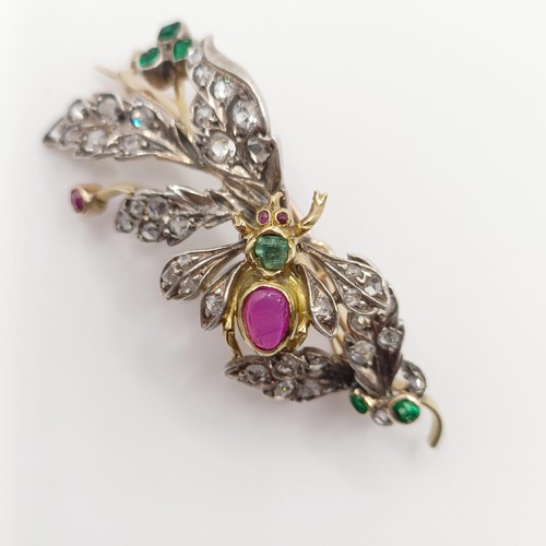 419 - A diamond and multi-coloured gem floral brooch, decorated an insect