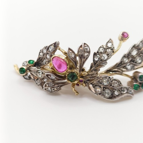 419 - A diamond and multi-coloured gem floral brooch, decorated an insect