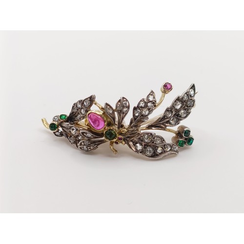 419 - A diamond and multi-coloured gem floral brooch, decorated an insect