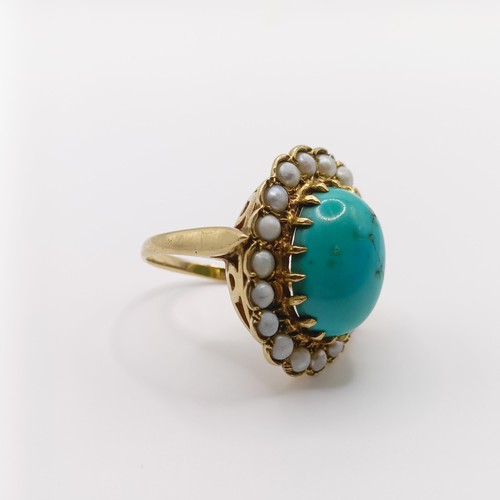 390 - A 9ct gold, seed pearl and turquoise ring, ring size Q