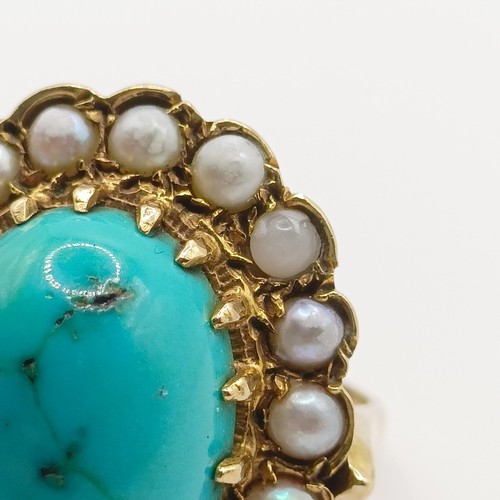 390 - A 9ct gold, seed pearl and turquoise ring, ring size Q